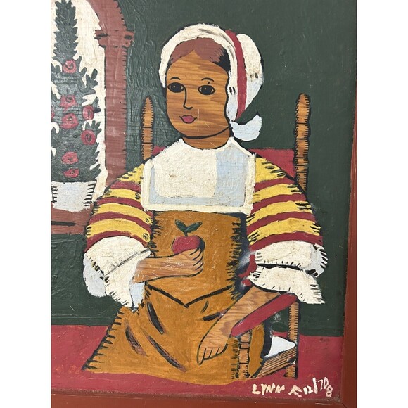 Vintage Primitive Folk Art Painting On Board Girl With Apple Portrait PA Dutch - Picture 4 of 9